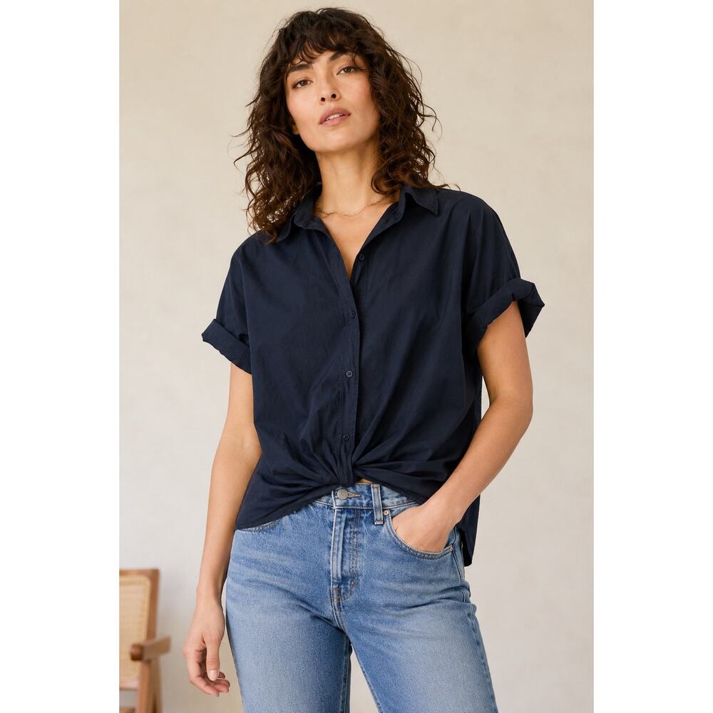 Stateside Front Twist Button Up Shirt Womens Medium Navy Cotton Poplin Top